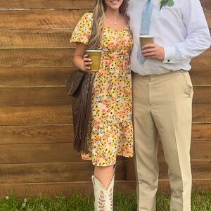 Luxology Floral Yellow and Pink Midi Dress